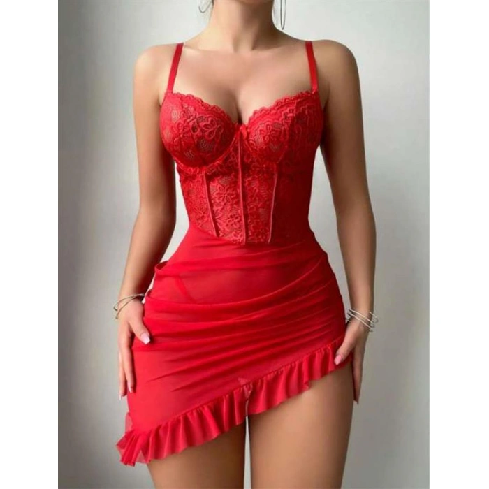 Arias Closet Fırfırlı Dantel İşlemeli Tül Fantezi Kırmızı Gecelik