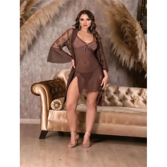 Arias Closet Leopar Desenli Transparan Dantel İşlemeli Tül Yırtmaçlı 2li Gecelik Takımı