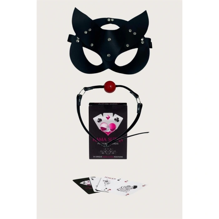 Arias Closet Sexy Görselli Oyun Kartı Kama Sutra Siyah Ağız Topu Maske Set