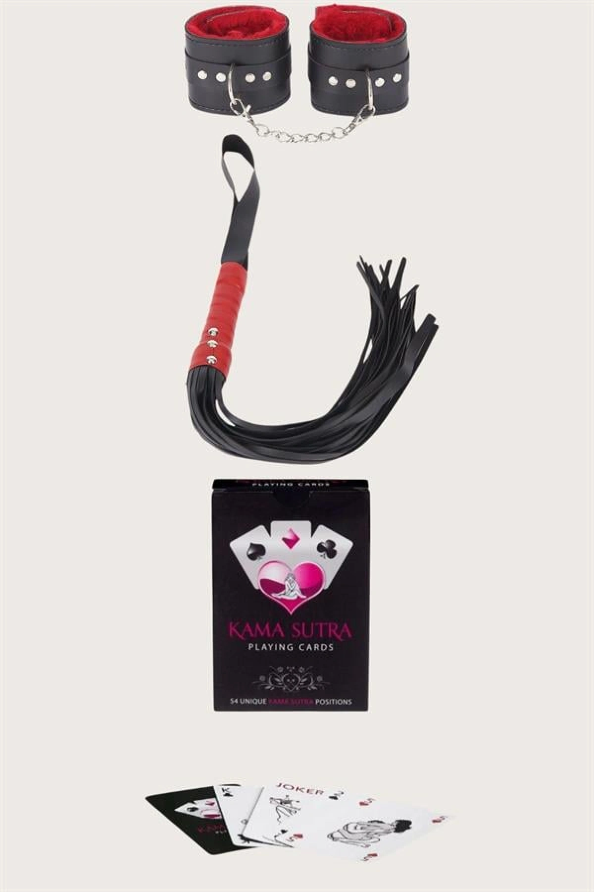 Arias Closet Sexy Görselli Oyun Kartı Kama Sutra Kelepçe Kırbaç Set