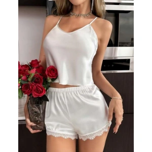 Arias Closet Beyaz Dantel İşlemeli İnce Askılı Saten Şortlu Takım