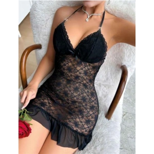 Arias Closet Siyah Dantel İşlemeli Boyundan Bağlamalı Likralı Fantezi Tül Gecelik