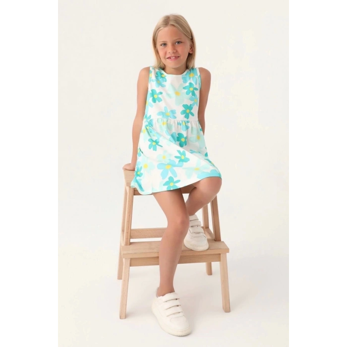 KIZ ÇOCUK ELBİSE - TURKUAZ ÇİÇEK