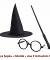 Harry Potter Tarzı Çocuk Seti (siyah Keçe Şapka, Asa, Gözlük)