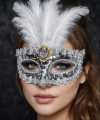 Lüks Gümüş Tüylü Taşlı Balo Maskesi