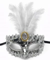 Lüks Gümüş Tüylü Taşlı Balo Maskesi