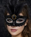 Lüks Siyah Tüylü Taşlı Balo Maskesi