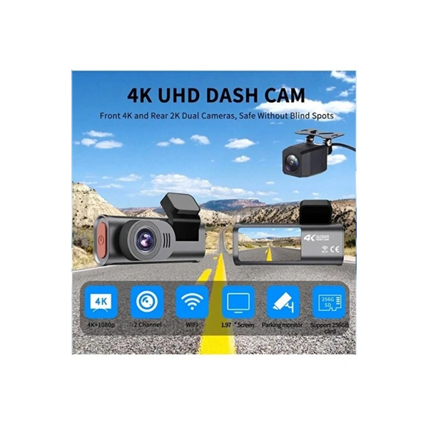 4k Wifi Çift Kameralı Araç Kamerası Gece Görüşlü G-sensörlü Dash Cam 170 Derece
