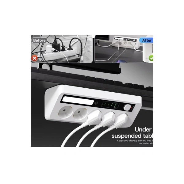 5’li Akım Korumalı Priz 2500w | 2 Usb + 2 Type-c Hızlı Şarj | Led Gece Lambalı | Dokunmatik Beyaz
