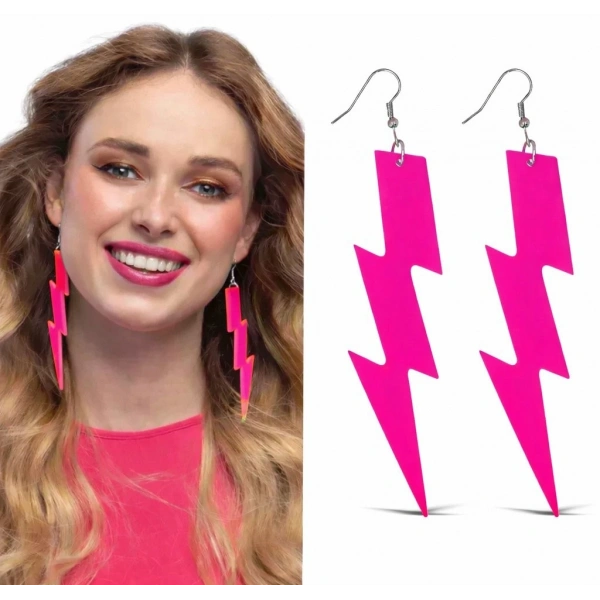 80’ler 9039lar Retro Neon Pembe Şimşek Küpe 10 Cm
