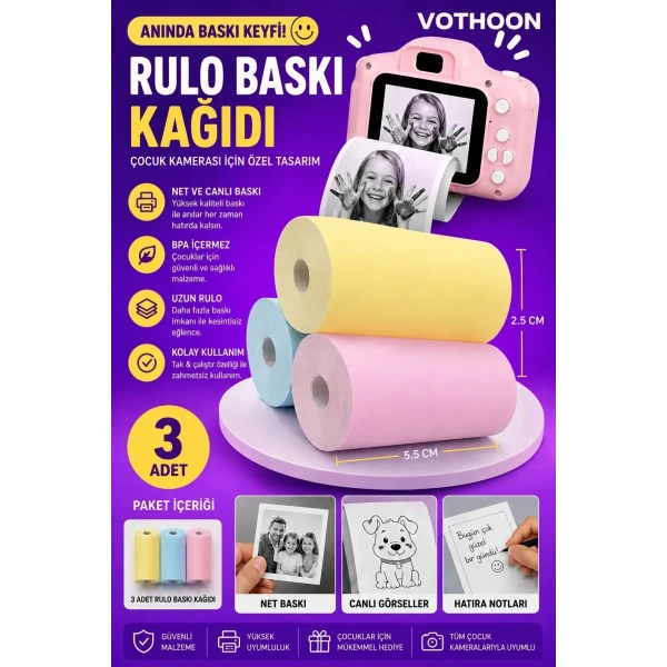 Çocuk Fotoğraf Makinesi Yedek Termal Baskı Kağıdı Renkli (3 Lü Rulo) – 57x25mm