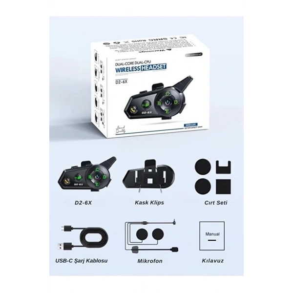 D2-6x 1000m Mesafeli 6 Kanallı İntercom Bluetooth Motosiklet Kask Kulaklığı İntercom Kulaklık