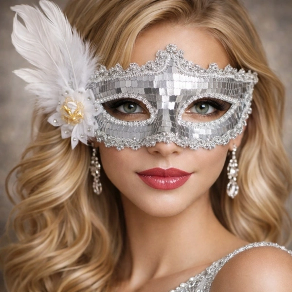 Gümüş Tüylü Payetli Lüks Taşlı Parti Maskesi