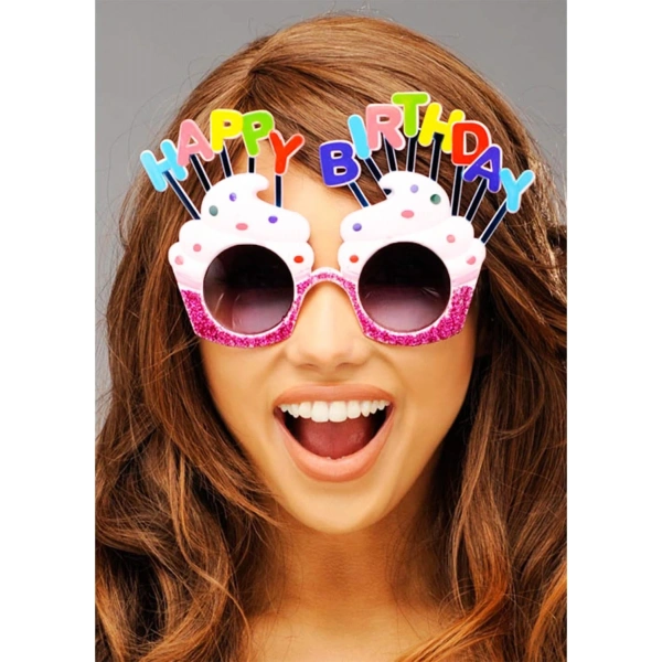 Happy Birthday Yazılı Beyaz Fuşya Renk Parti Gözlüğü 12x7 Cm