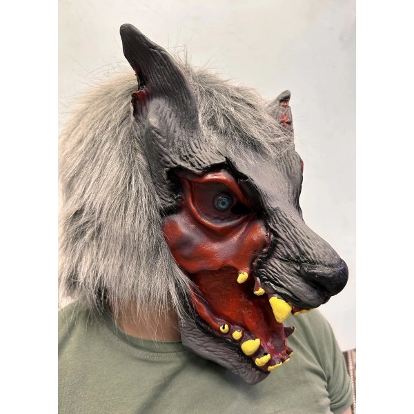 Kafaya Tam Geçmeli Lateks Dişli Ağzı Açık Kurt Maskesi
