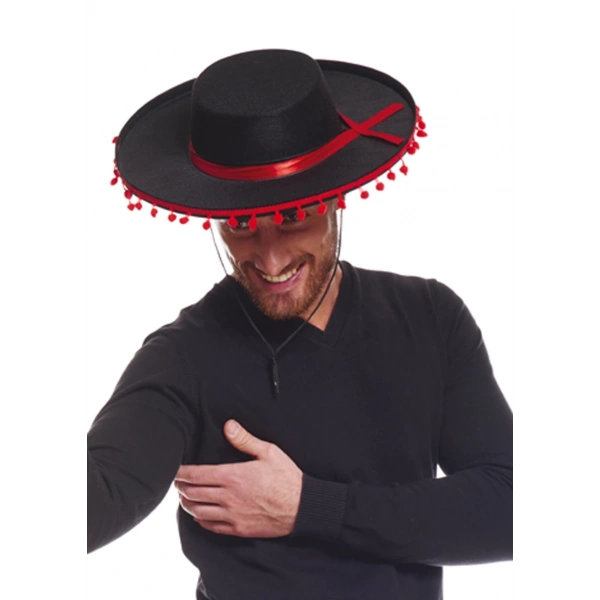 Kırmızı Ponponlu Siyah Renk Yetişkin İspanyol Şapkası