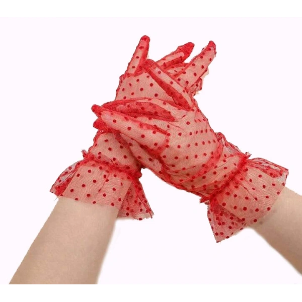 Kısa Boy Güpürlü Kırmızı Puantiyeli Tül Eldiven Kırmızı Renk
