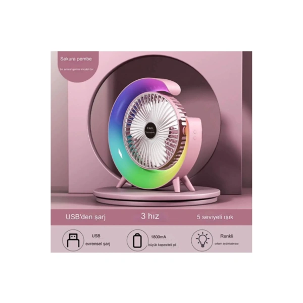 Masaüstü Vantilatör Usb Şarjlı Rgb Led Işıklı 3 Kademeli 180° Ayarlanabilir Soğutucu Fan Pembe