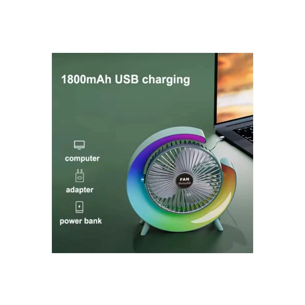 Masaüstü Vantilatör Usb Şarjlı Rgb Led Işıklı 3 Kademeli 180° Ayarlanabilir Soğutucu Fan Yeşil