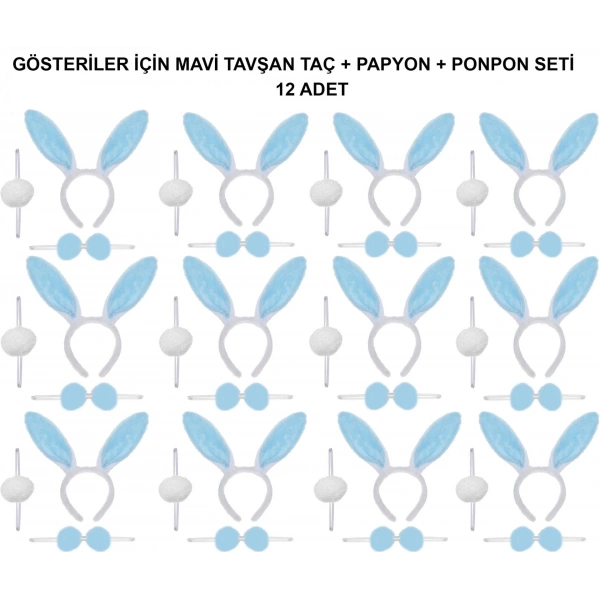Mavi Tavşan Kostüm Seti – Taç, Papyon, Ponpon (12’li Paket)