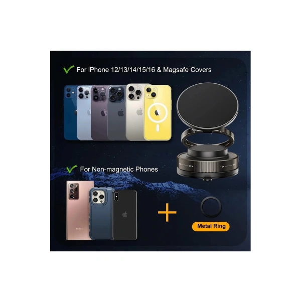 Metalik Magsafe Telefon Tutucu Tüm Yüzeylerle Uyumlu Vakumlu 360 Dönen Oynar Başlık