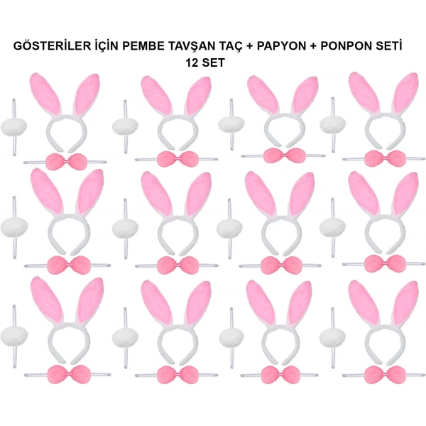 Pembe Tavşan Kostüm Seti – Taç, Papyon, Ponpon (12’li Paket)