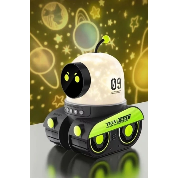 Robot Projeksiyon Gece Lambası Hoparlörlü Şarjlı Yıldızlı Gökyüzü Temalı Led Projeksiyon Lambası