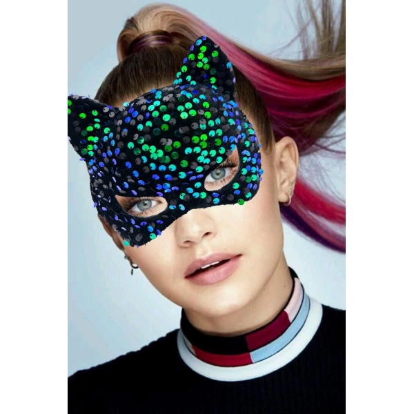 Siyah Kadife Kumaş Üzerine Mavi Yeşil Payetli Pullu Parti Maskesi 16x14 Cm