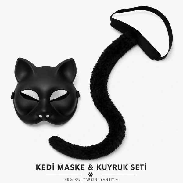 Siyah Kedi Maskesi Ve Peluş Kuyruk Kostüm Seti 70 Cm