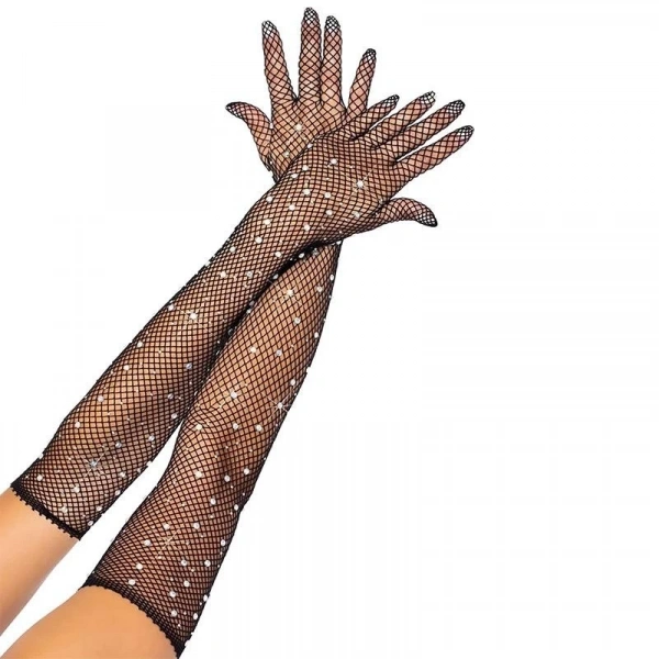 Siyah Renk İncili Elmas İşlemeli File Örgü Uzun Eldiven 45 Cm