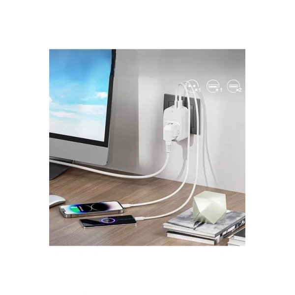 Tekli Yüksek Voltaj Korumalı Duvar Prizi 2x Type-c 1x Usb Çıkışlı Priz Grup Priz Çoğaltıcı Siyah