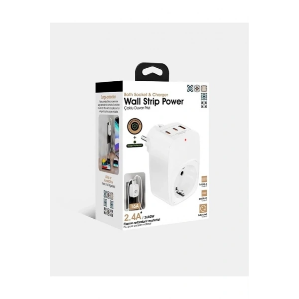 Tekli Yüksek Voltaj Korumalı Duvar Prizi 2x Type-c 1x Usb Çıkışlı Priz Grup Priz Çoğaltıcı Siyah