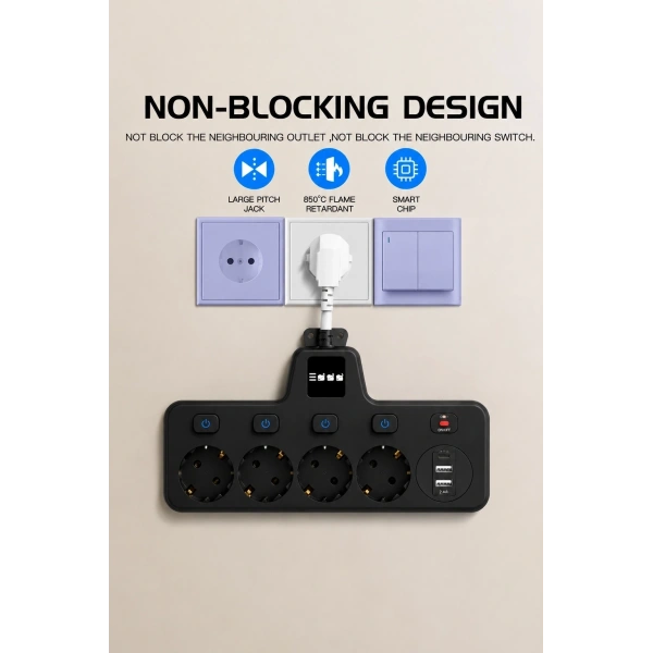 Termal Akım Korumalı 4’lü Duvar Tipi Priz 2x Usb 2x Type-c Çıkışlı Grup Priz Çoğaltıcı Siyah (2500w)