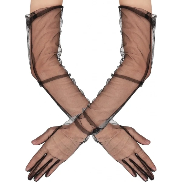 Uzun Boy Likralı Siyah Renk Yetişkin Mega Tül Eldiven 53 Cm