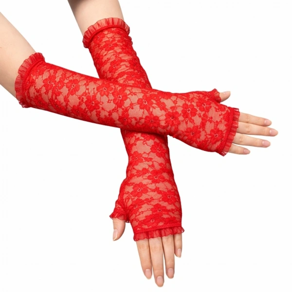 Uzun Zarif Dantel Eldiven Parmaksız Kırmızı 35 Cm