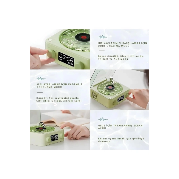 Waves Nostalji Plak Görünümlü Bluetooth Hoparlör 3d Ses Dalgası Retro Müzik Plak Yeşil