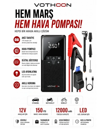 12000 Mah Akıllı Akü Takviye Ve Dijital Hava Pompası Akım Korumalı