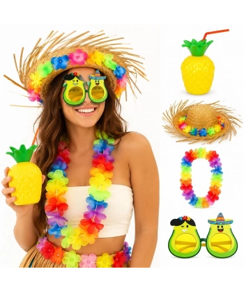 4 Parça Hawaii Parti Seti Ananas Bardak Hasır Şapka Avokado Gözlük Çiçek Kolye