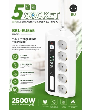 5’li Akım Korumalı Priz 2500w | 2 Usb + 2 Type-c Hızlı Şarj | Led Gece Lambalı | Dokunmatik Beyaz