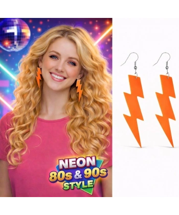 80’ler 9039lar Retro Neon Turuncu Şimşek Küpe 10 Cm