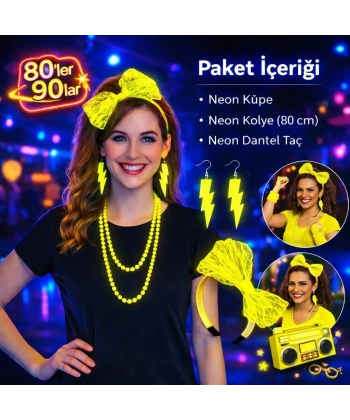 80’ler 90’lar Neon Sarı Parti Seti – Kolye Küpe Taç