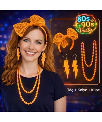 80’ler 90’lar Neon Turuncu Parti Seti – Kolye Küpe Taç