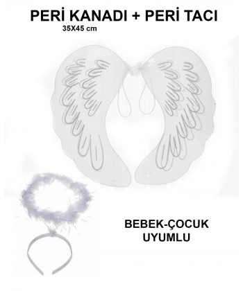 Beyaz Dantel Tüllü Peri Kanadı Ve Peri Tacı Seti 45x40 Cm