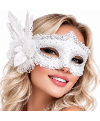 Beyaz Tüylü Venedik Lüks Balo Maskesi