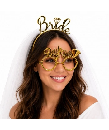 Bride Yazılı Gold Taç Ve Parti Gözlüğü Seti