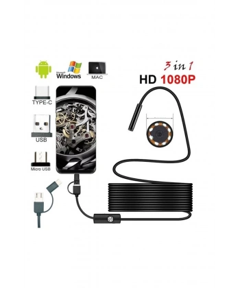 Endoskop 3 İn 1 Yılan Kamera Usb Micro Usb Type-c 20 Metre Sert Kablo
