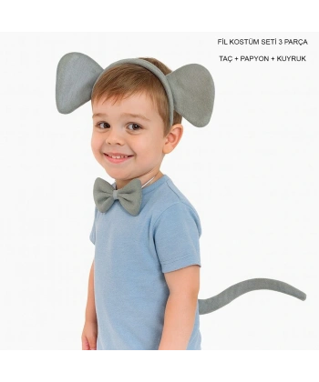 Fil Kostümü Aksesuar Seti 3 Lü - Taç Papyon Kuyruk