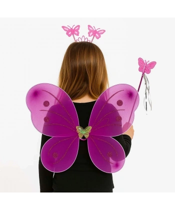 Fuşya Kelebek Kız Seti – 50 Cm Kelebek Kanadı, Taç Ve Asa