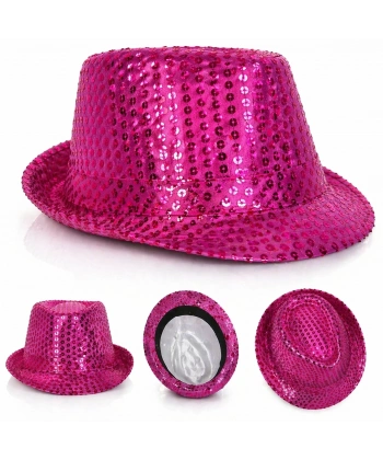 Fuşya Pembe Payetli Disco Parti Şapkası Yetişkin Işıltılı Fötr Model