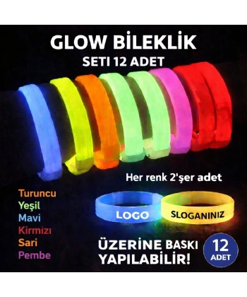 Glow Kalın Bileklik 12’li Set | Baskıya Uygun Renkli Model